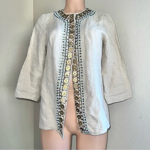 Chico's NWOT Duster Embellished Coin 3/4 Sleeve Tan Blazer Top Size 0 Small - Picture 4 of 10